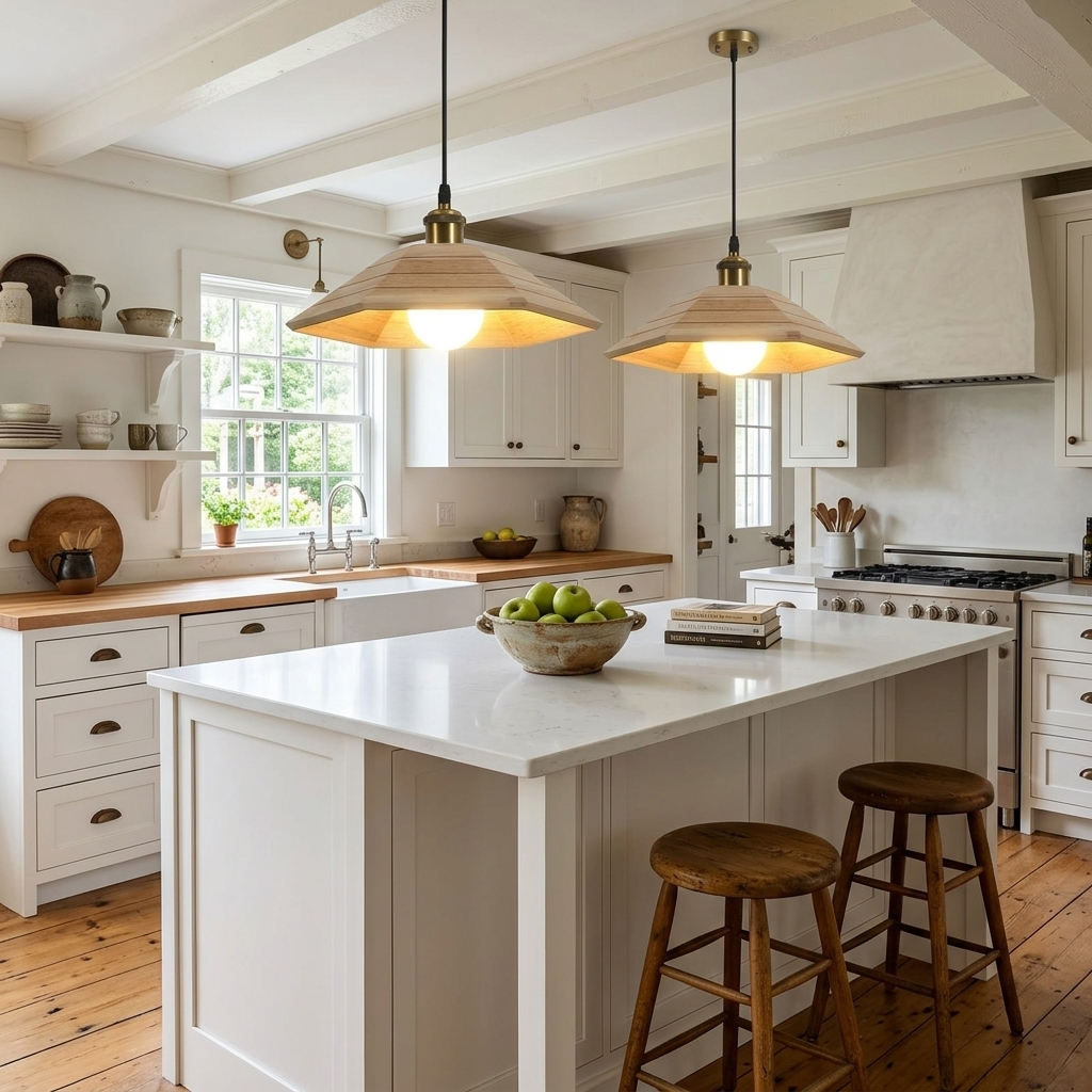 Vespera pendant lights in Nature Wood over a farmhouse kitchen island