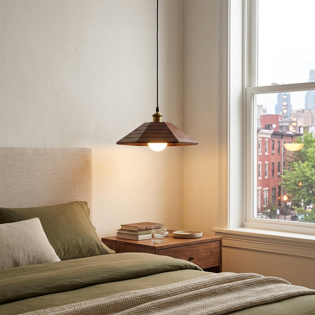 Vespera pendant light in Walnut Wood beside a bed