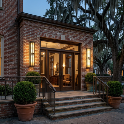 Wrenna alabaster outdoor wall lights at a brick hotel entrance