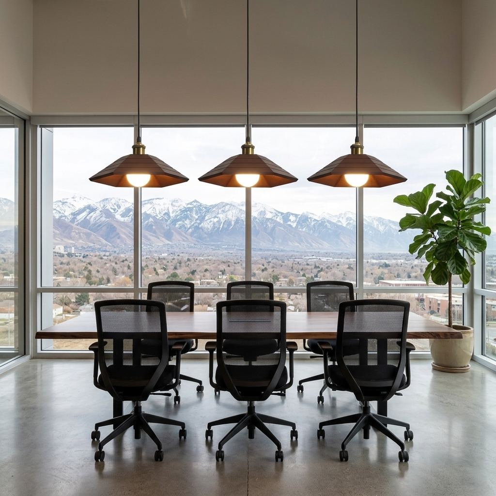 Vespera pendant lights in Walnut Wood over an office meeting table