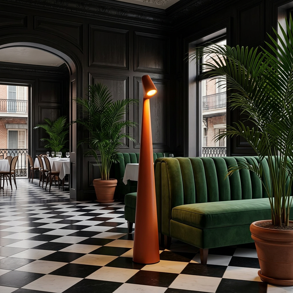 Yselle conical floor lamp in Orange beside a banquette in a restaurant lounge