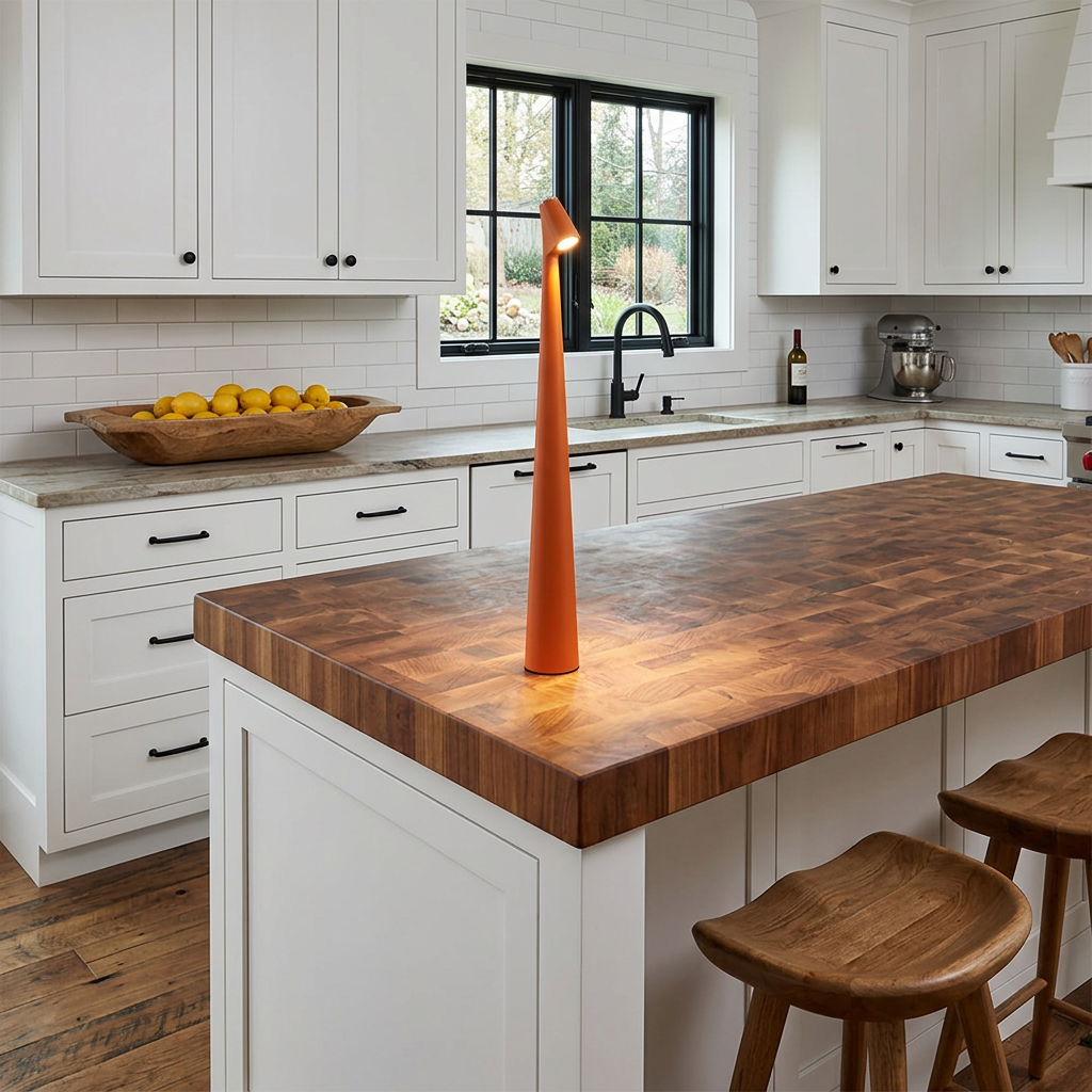 Amaryn cordless cone table lamp in Orange on a farmhouse kitchen island