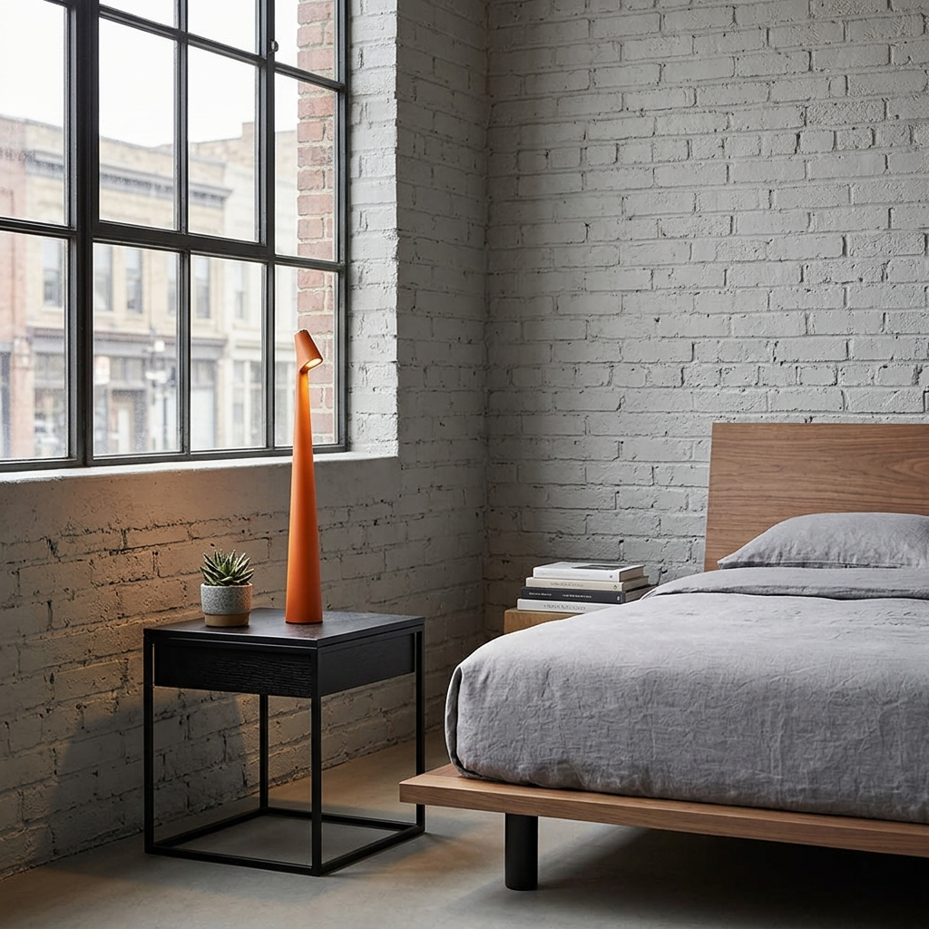 Amaryn cordless cone table lamp in Orange on a loft bedroom nightstand