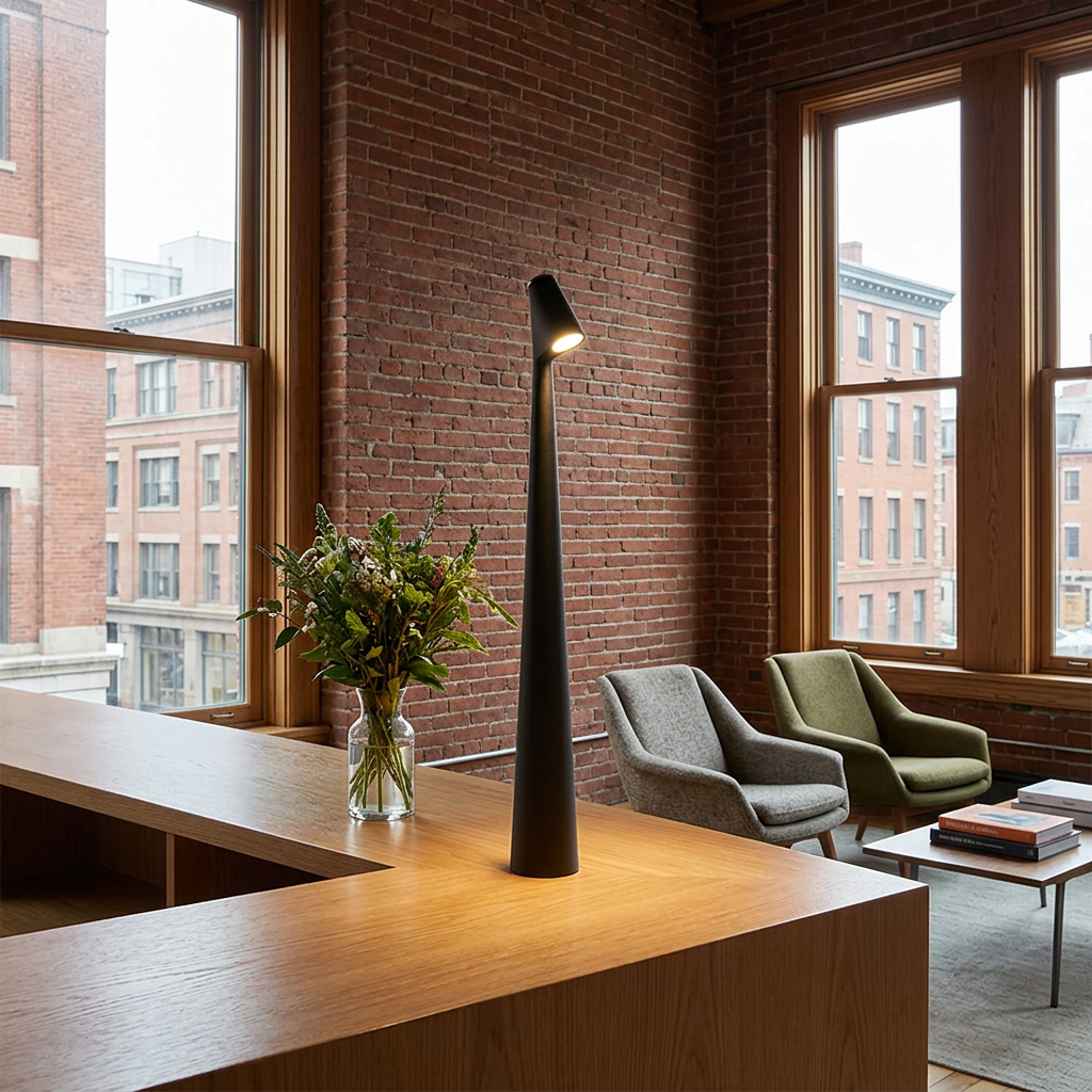 Amaryn cordless cone table lamp in Black on an office reception desk
