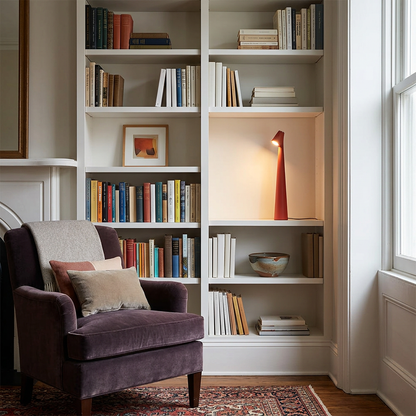 Amaryn cordless cone table lamp in Red on a bookcase shelf