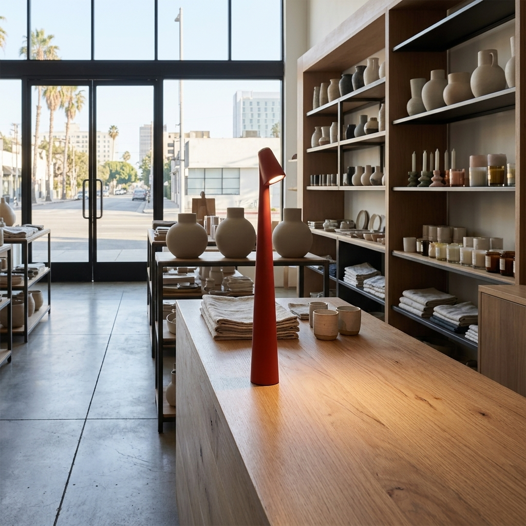 Amaryn cordless cone table lamp in Red on a boutique checkout counter