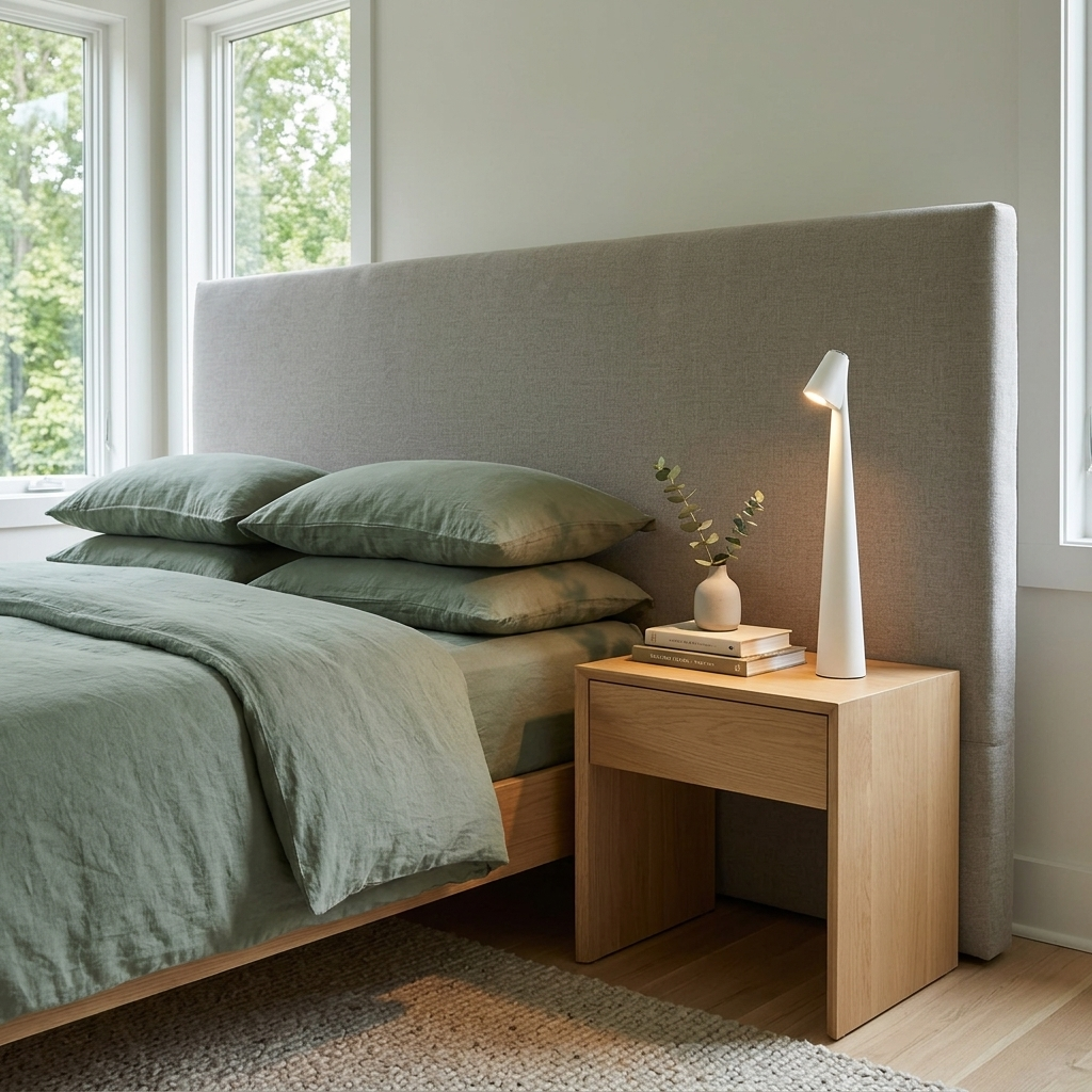 Amaryn cordless cone table lamp in White on a bedroom nightstand