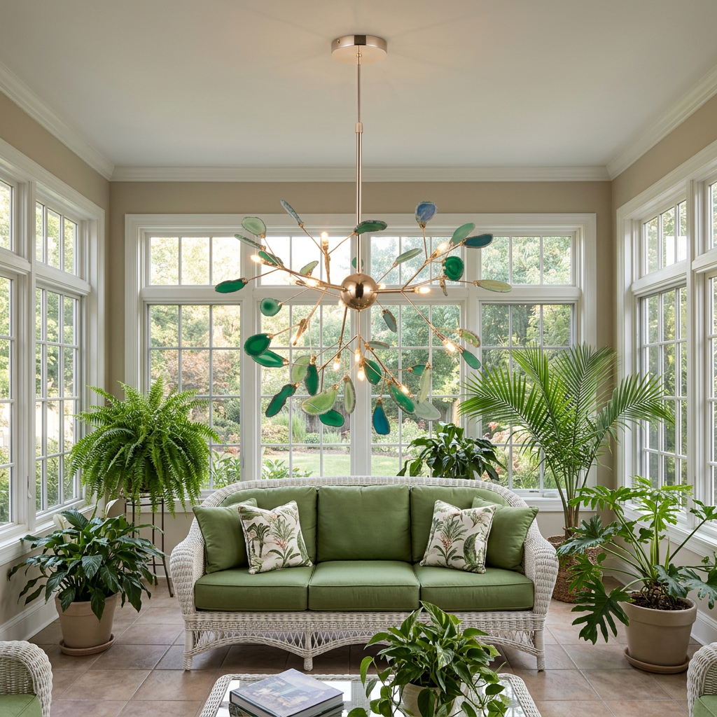 Calliste 16-head green agate rose gold chandelier in a Sacramento sunroom