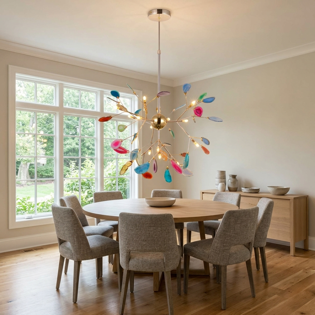 Calliste 16-head multicolor agate rose gold chandelier over a round dining table in a Minneapolis home