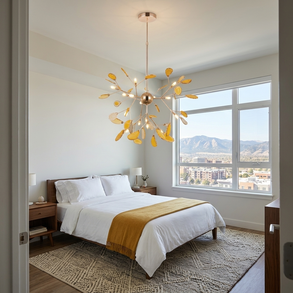 Calliste 16-head yellow agate rose gold chandelier in a Denver apartment bedroom