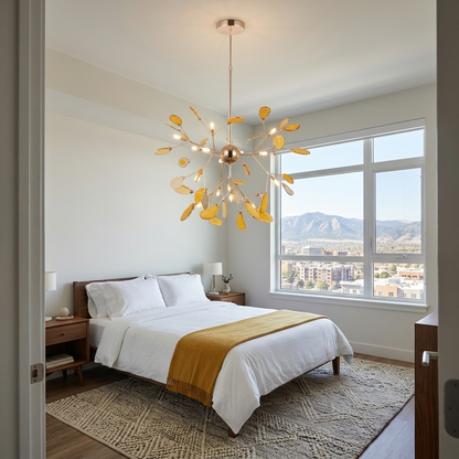 Calliste 16-head yellow agate rose gold chandelier in a Denver apartment bedroom
