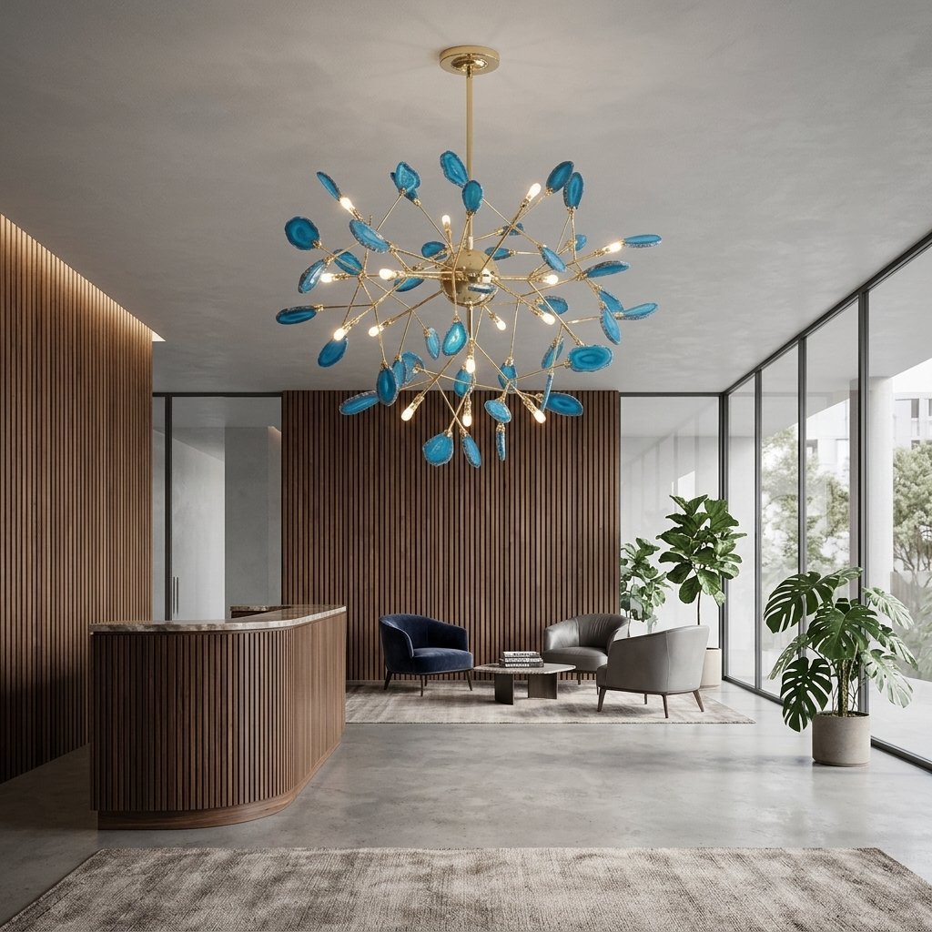 Calliste 20-head blue agate rose gold chandelier in an empty San Francisco office reception