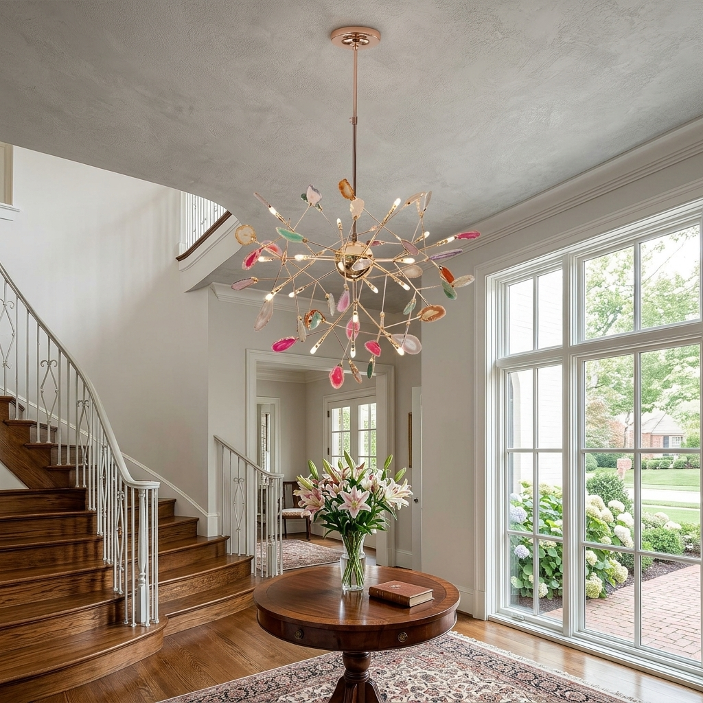 Calliste 20-head multicolor agate rose gold chandelier in a Raleigh two-story foyer