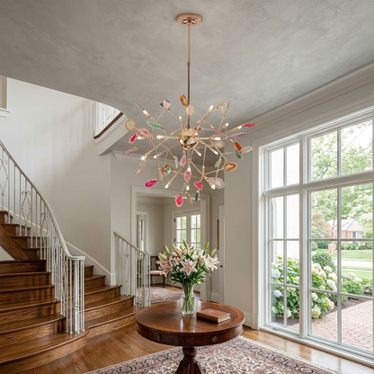 Calliste 20-head multicolor agate rose gold chandelier in a Raleigh two-story foyer