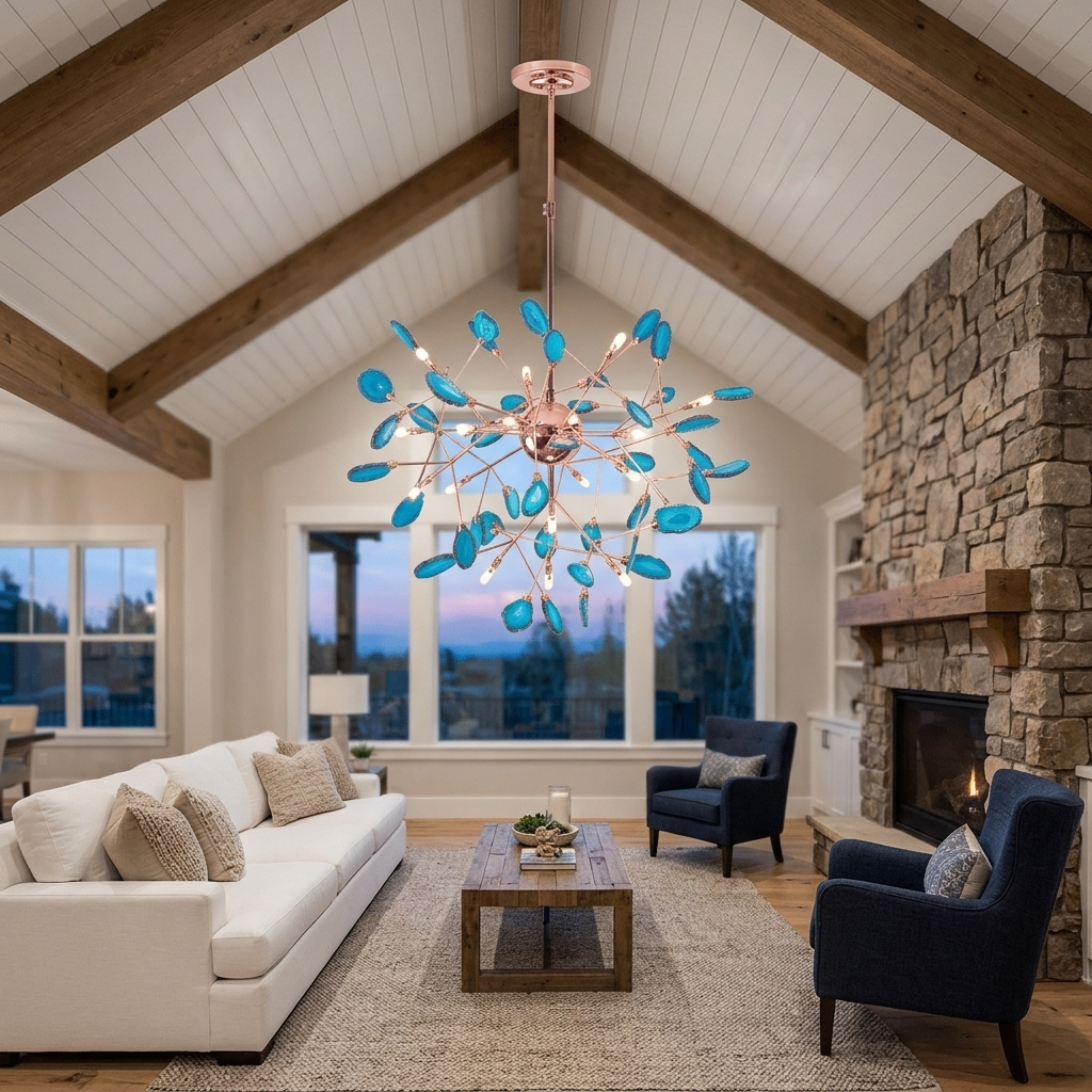 Calliste 20-head blue agate rose gold chandelier in a Boise farmhouse great room