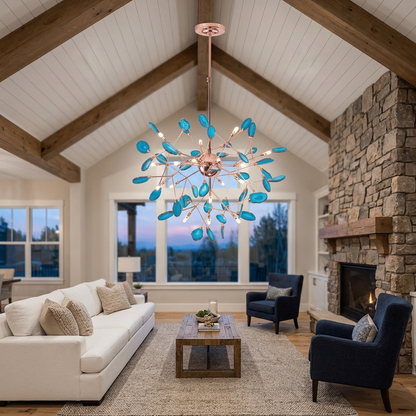 Calliste 20-head blue agate rose gold chandelier in a Boise farmhouse great room