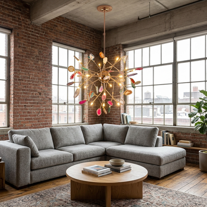 Calliste 20-head multicolor agate rose gold chandelier in a Hoboken loft living room