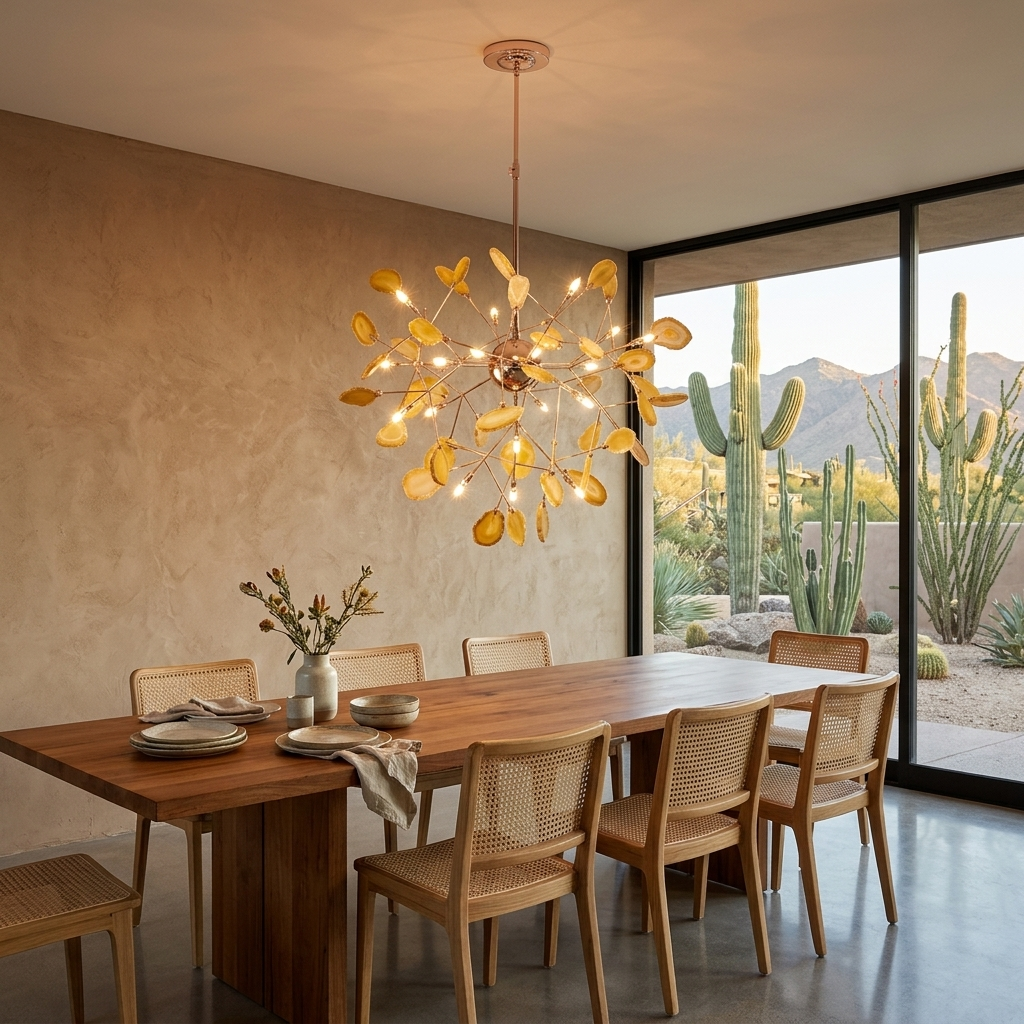 Calliste 20-head yellow agate rose gold chandelier over a dining table in a Tucson home