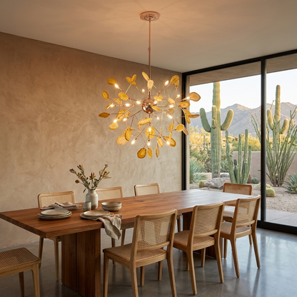 Calliste 20-head yellow agate rose gold chandelier over a dining table in a Tucson home