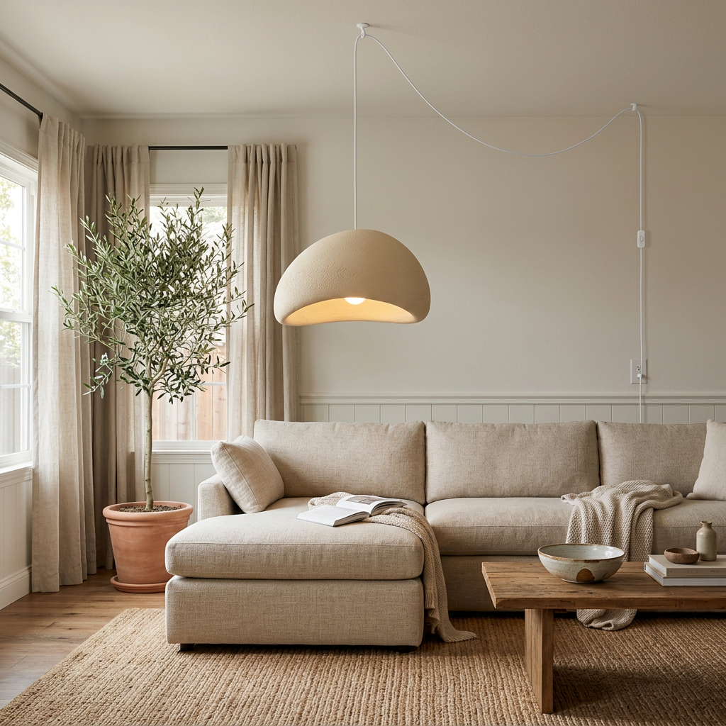 Thessaly cloud plug-in swag pendant light in Beige beside the sofa in a suburban family room