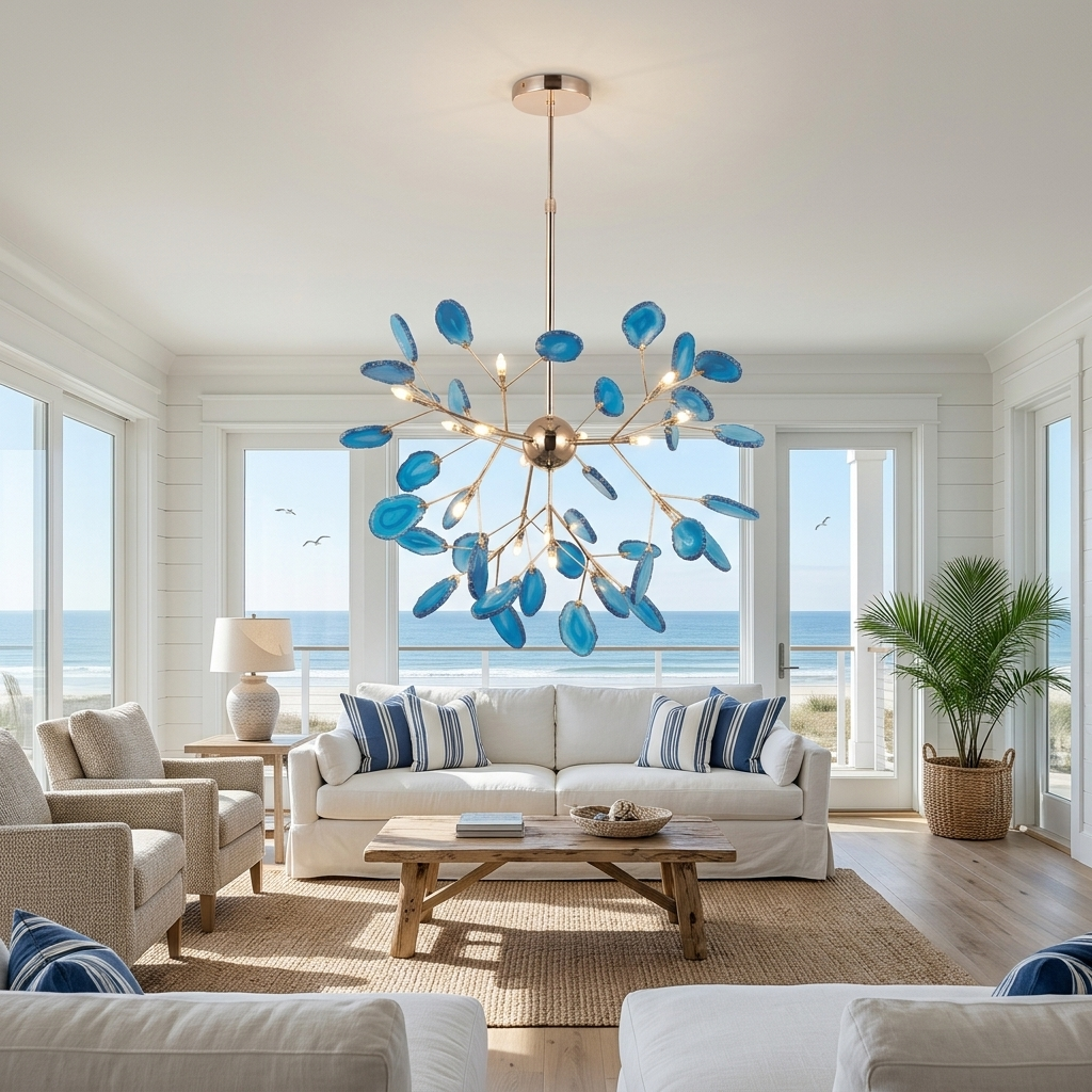 Calliste 16-head blue agate rose gold chandelier in a San Diego beach house living room