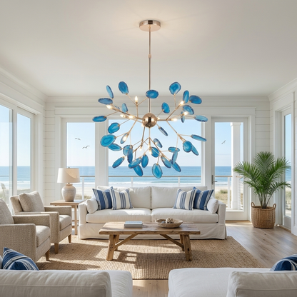 Calliste 16-head blue agate rose gold chandelier in a San Diego beach house living room