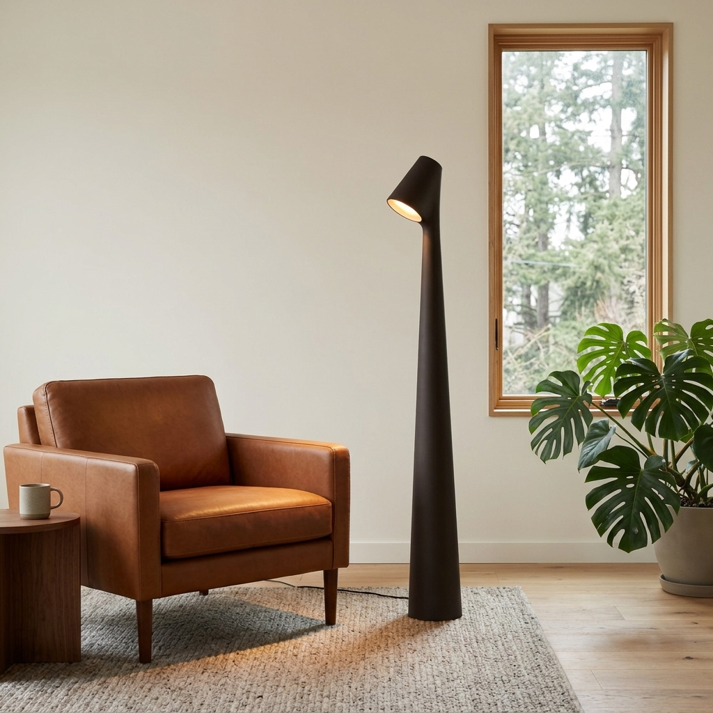 Yselle conical floor lamp in Dark Coffee beside a leather armchair in an apartment living room