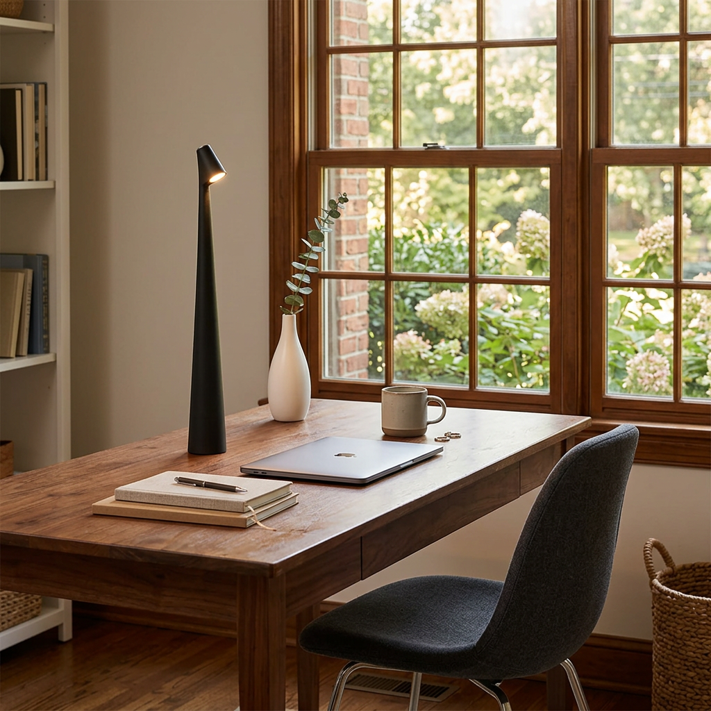 Amaryn cordless cone table lamp in Black on a suburban home office desk