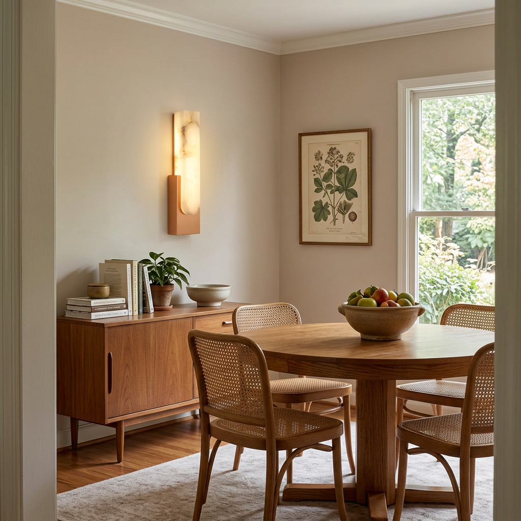 Adrielle alabaster LED wall sconce in Copper, suburban dining room, Atlanta GA