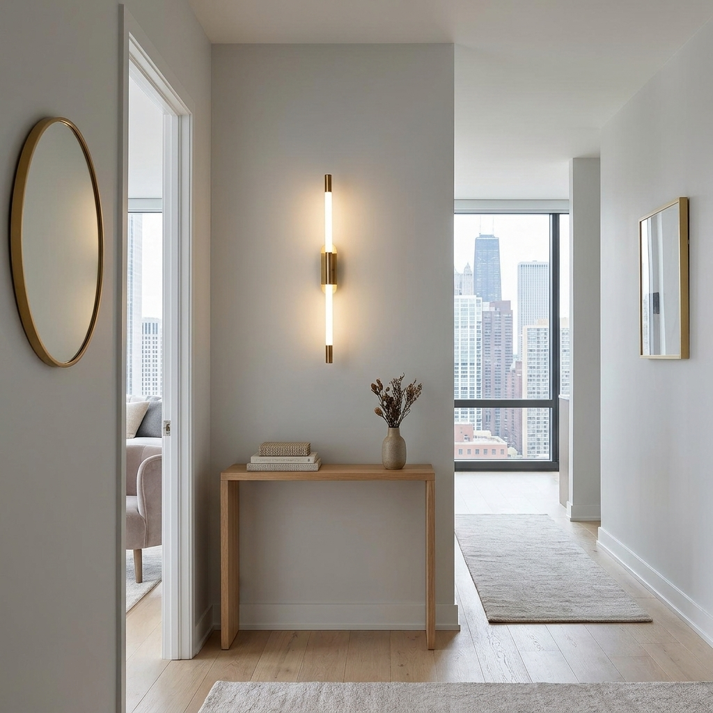 Abelle slim tube LED wall sconce in Gold, apartment hallway, Chicago IL