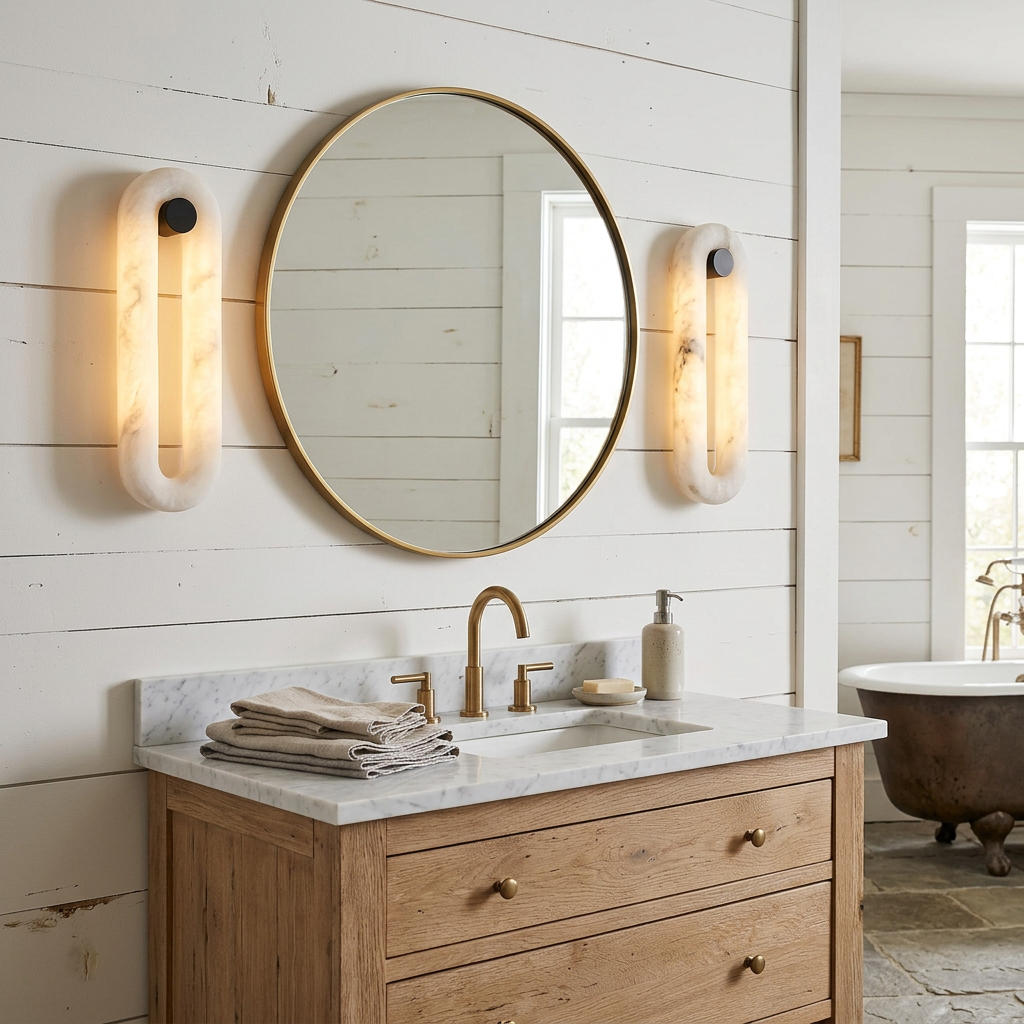 Pair of Aquila alabaster capsule wall sconces in a farmhouse bathroom