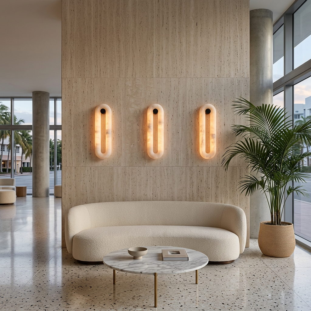 Aquila alabaster capsule wall sconces in a Miami hotel lobby