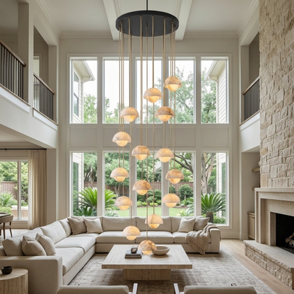 Arabelle 15-light alabaster dome cluster pendant in a two-storey Houston living room