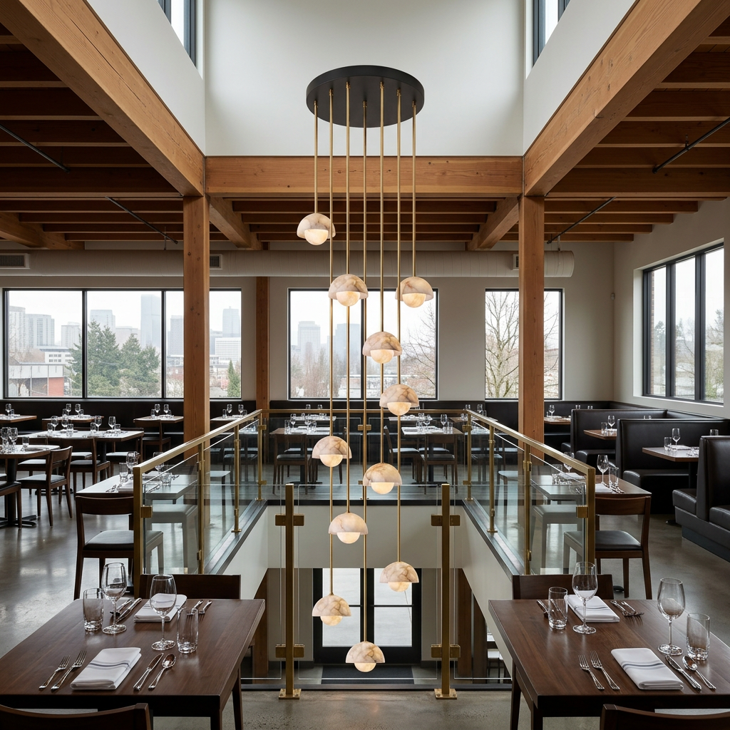 Arabelle 11-light alabaster dome cluster pendant in a double-height Seattle restaurant