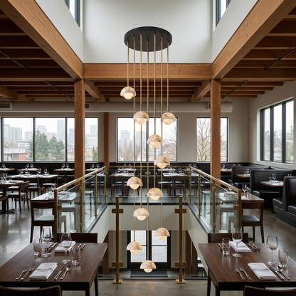 Arabelle 11-light alabaster dome cluster pendant in a double-height Seattle restaurant