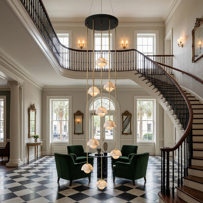 Arabelle 9-light alabaster dome cluster pendant in a Savannah hotel atrium