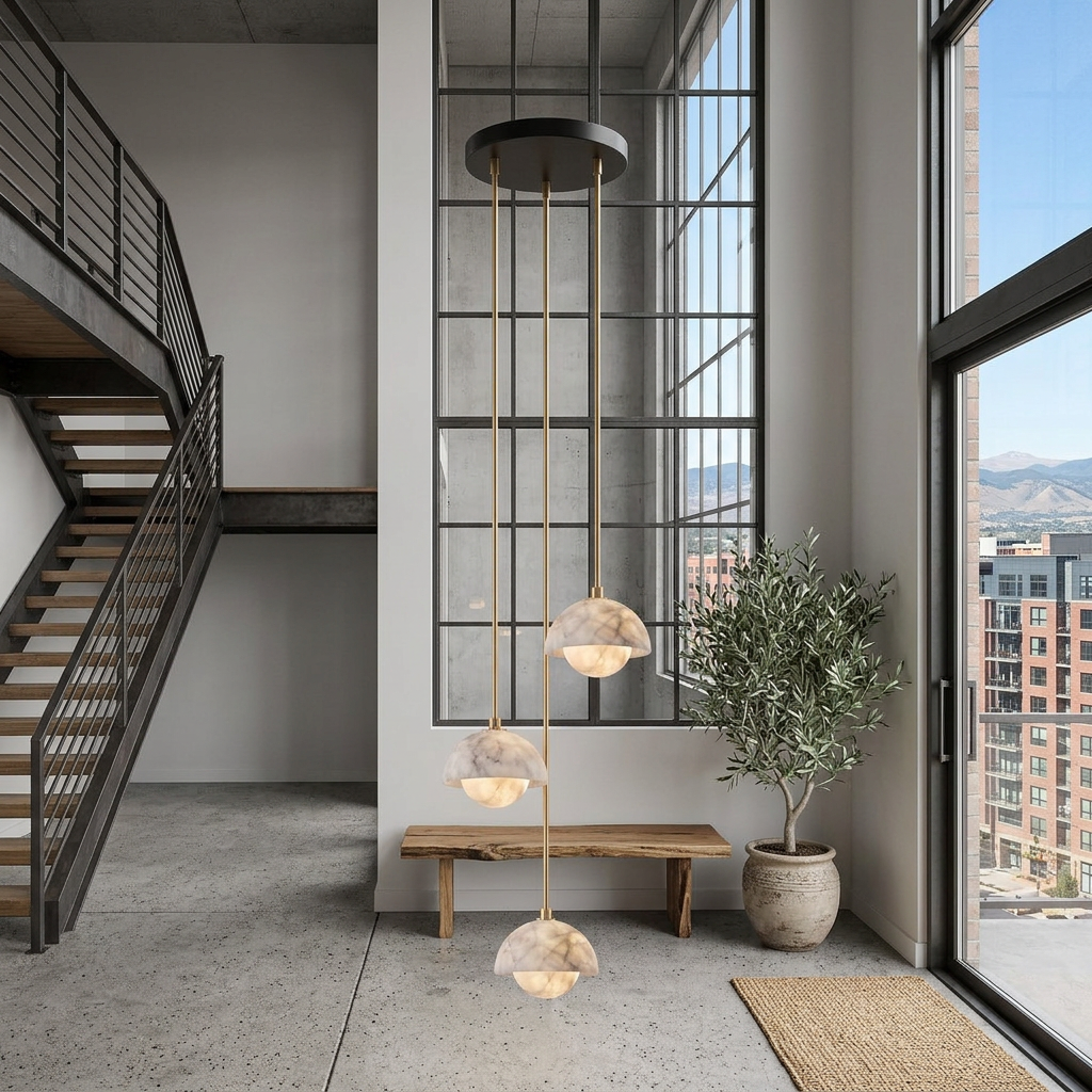 Arabelle 3-light alabaster dome cluster pendant in a Denver loft entry