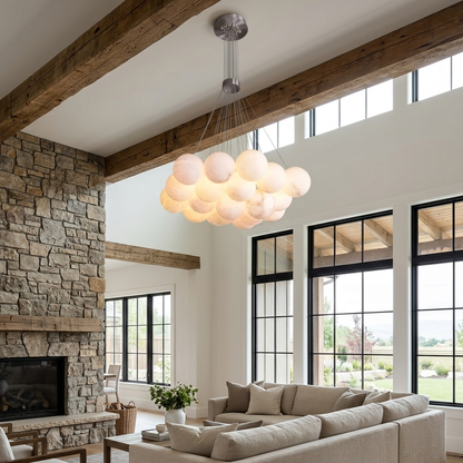 Alix alabaster ball cluster chandelier, 19 lights brushed nickel, in a two-storey living room in a modern farmhouse in Boise, Idaho