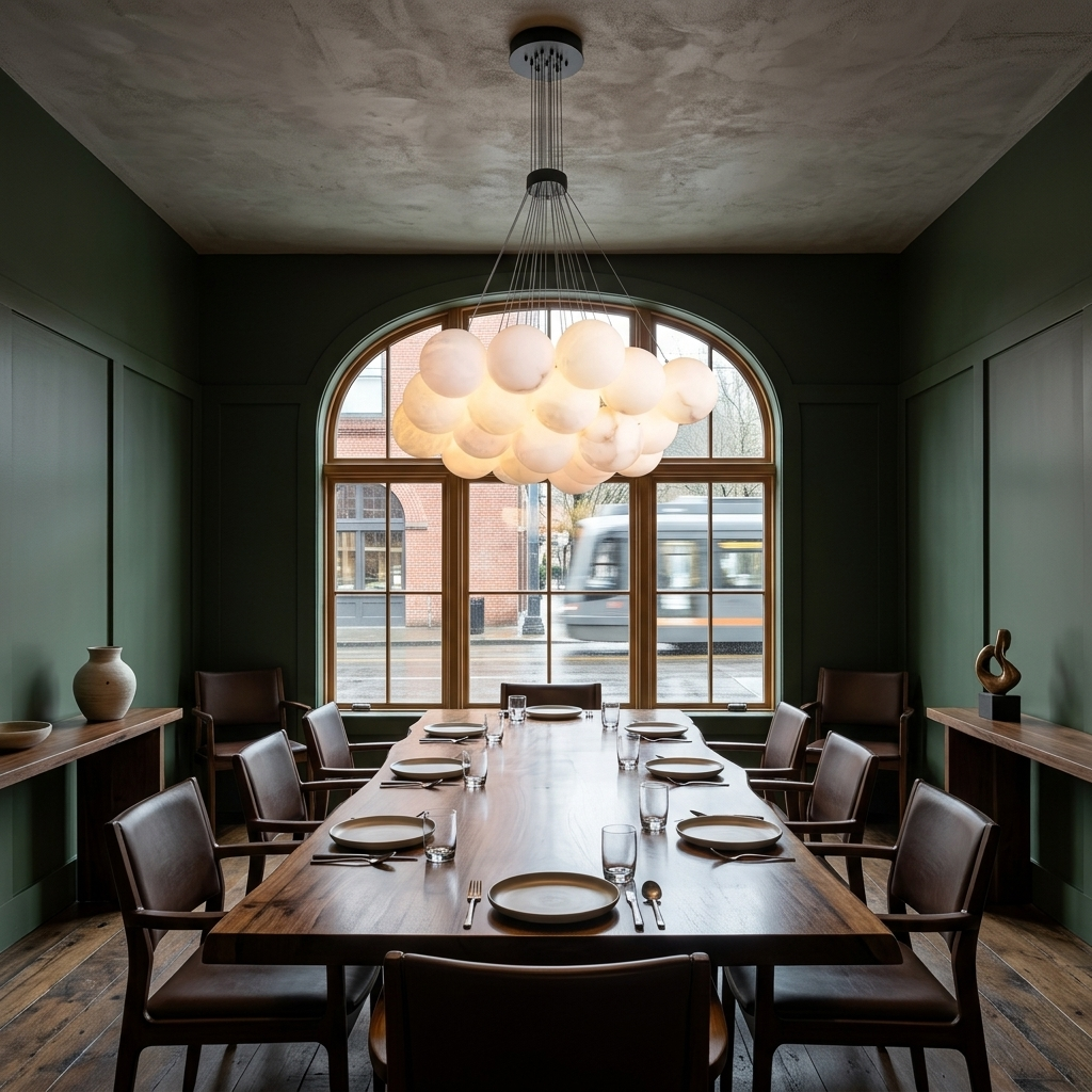 Alix alabaster ball cluster chandelier, 15 lights black, in a restaurant private dining room in Portland, Oregon