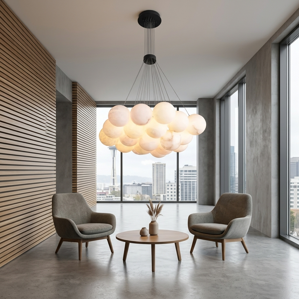 Alix alabaster ball cluster chandelier, 19 lights black, in a modern office reception lounge in Seattle, Washington