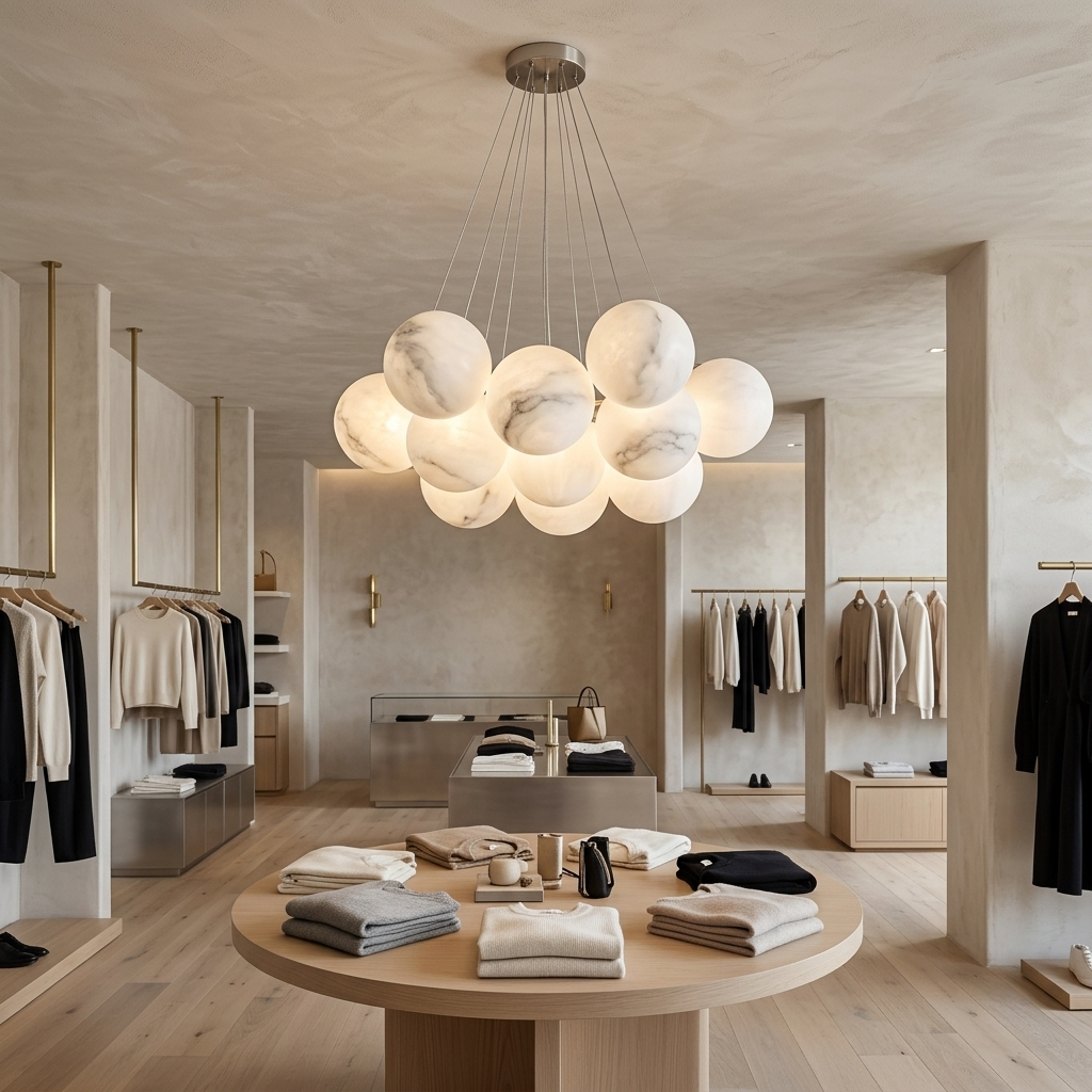 Alix alabaster ball cluster chandelier, 13 lights brushed nickel, in an upscale clothing boutique in Scottsdale, Arizona