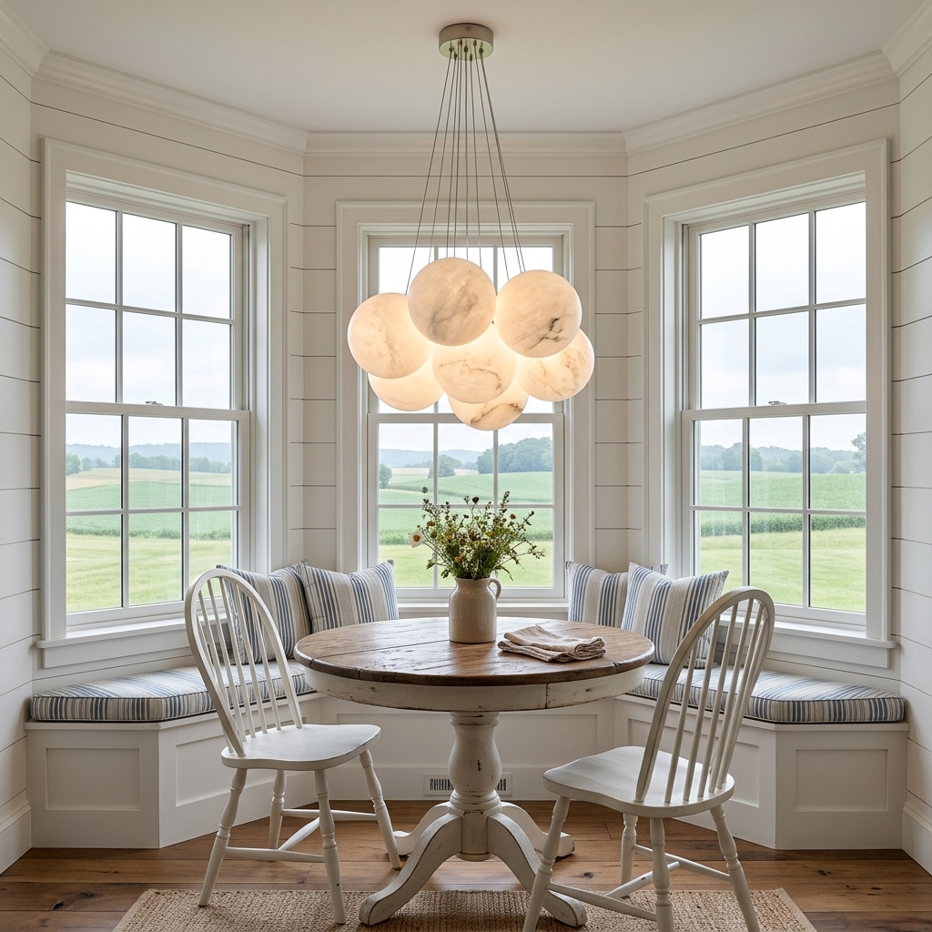 Alix alabaster ball cluster chandelier, 7 lights brushed nickel, in a farmhouse breakfast nook in Lancaster, Pennsylvania