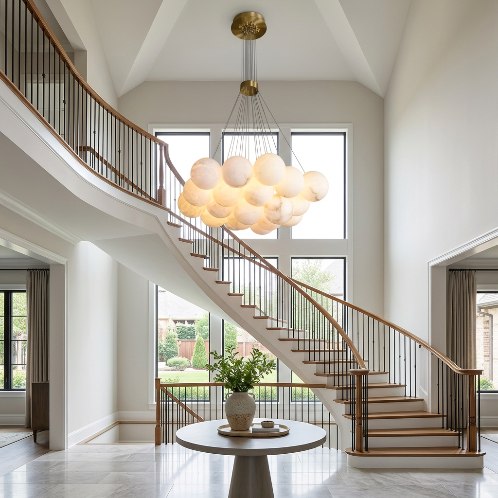 Alix alabaster ball cluster chandelier, 15 lights gold, in a double-height two-storey entry foyer of a suburban home in Plano, Texas