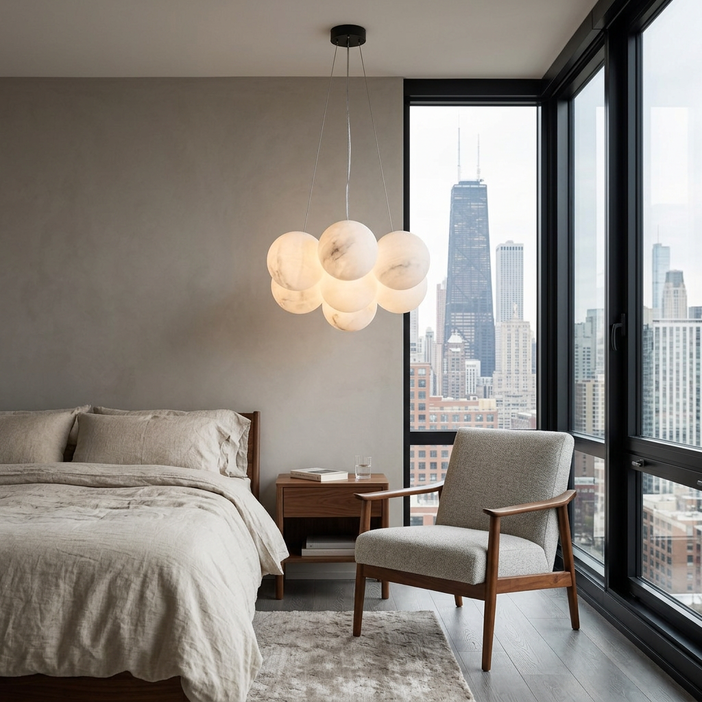 Alix alabaster ball cluster chandelier, 7 lights black, in a modern apartment bedroom in Chicago, Illinois