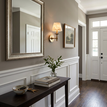 Agathe alabaster candlestick wall sconce in Brass, suburban entry hall, Richmond VA