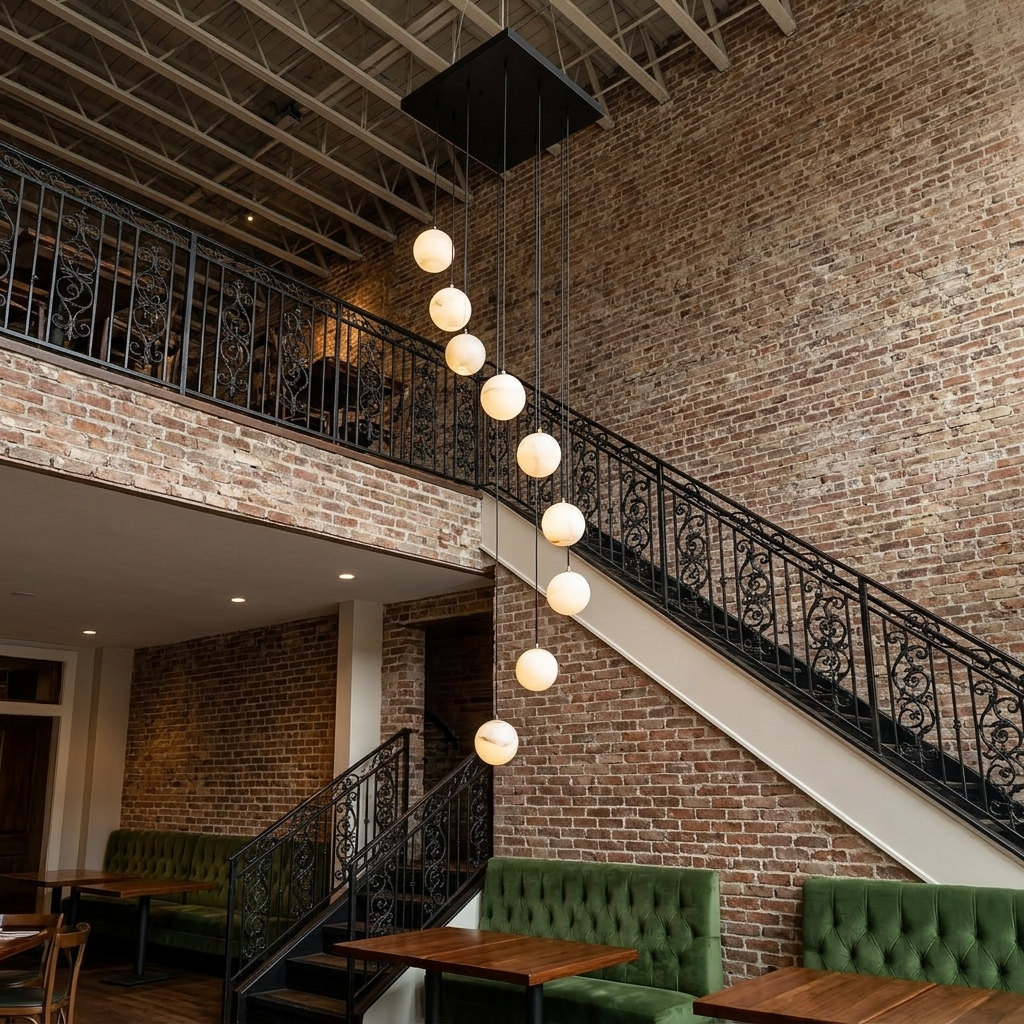 Amadine 9-light square canopy alabaster sphere cluster chandelier in a restaurant stairwell