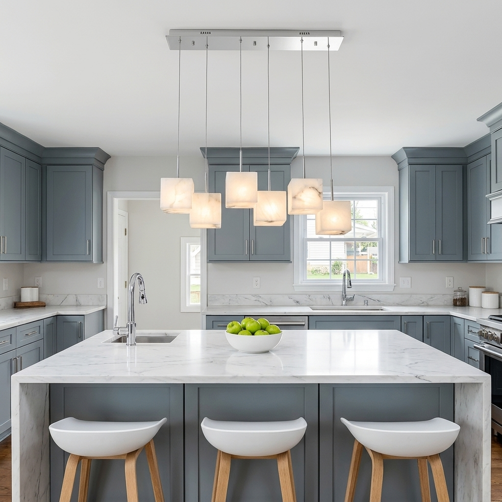 Ariane 6-light linear alabaster cube chandelier in silver over a suburban kitchen island