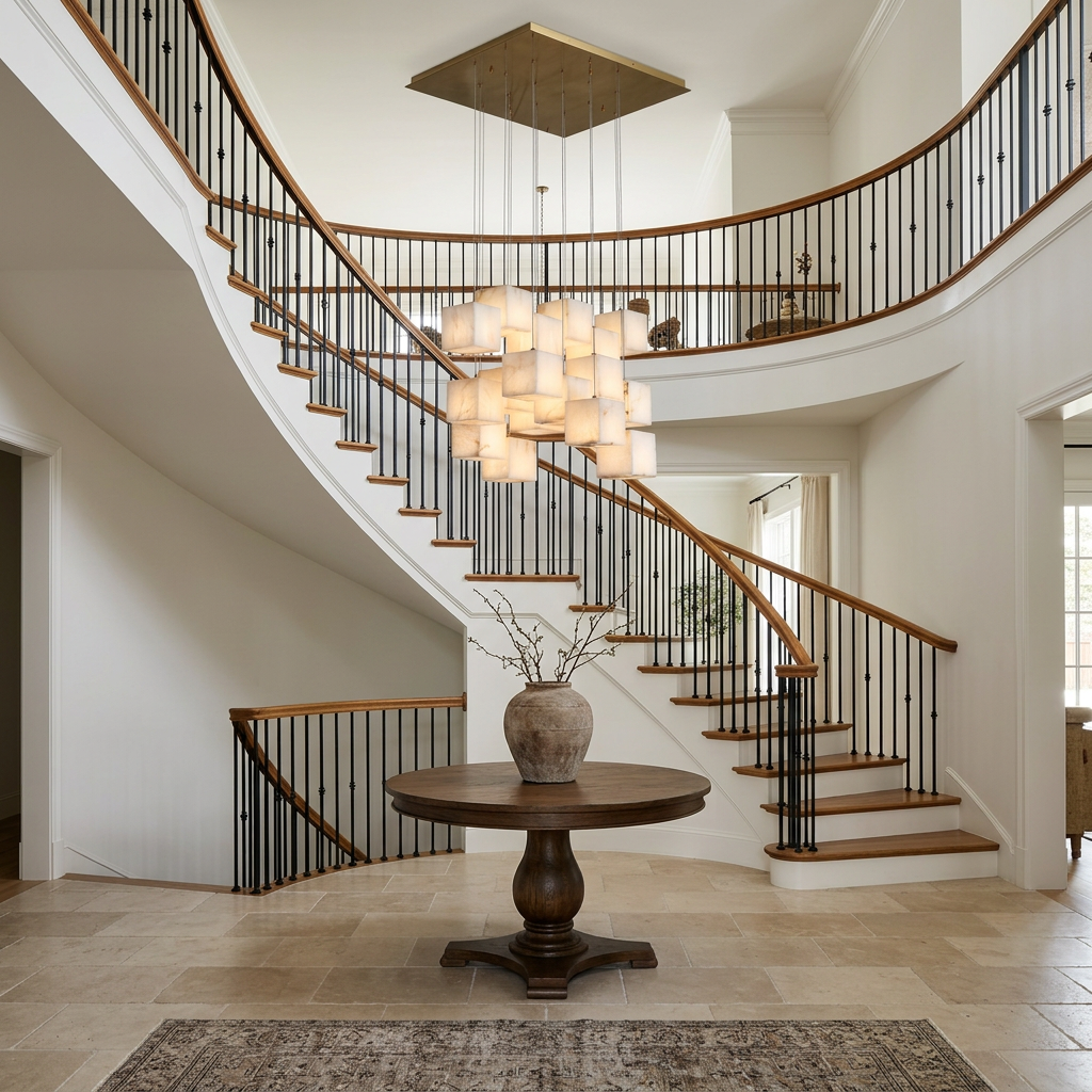 Arelia 18-light alabaster cube cluster chandelier in a Dallas double-height foyer