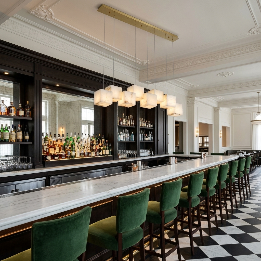 Ariane 8-light linear alabaster cube chandelier in gold over a New Orleans restaurant bar