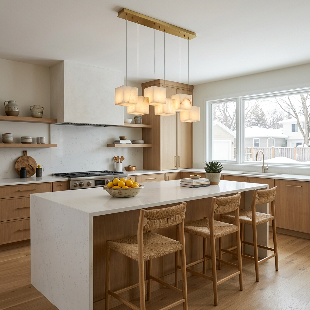 Arelia 6-light alabaster cube cluster pendant over a Minneapolis kitchen island
